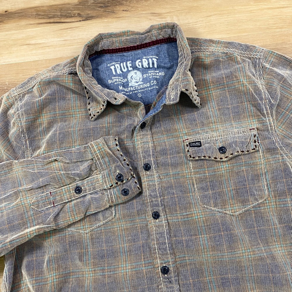 True Grit Corduroy Shirt Mens L Heritage Workwear Cotton Plaid Button Up Brown